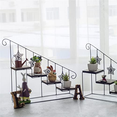 N/A Multi-Layer Floor-Standing Flower Pot Rack Wrought Iron Wooden Staircase Flower Rack Indoor Living Room Rack (Color : A, Size #TOP5