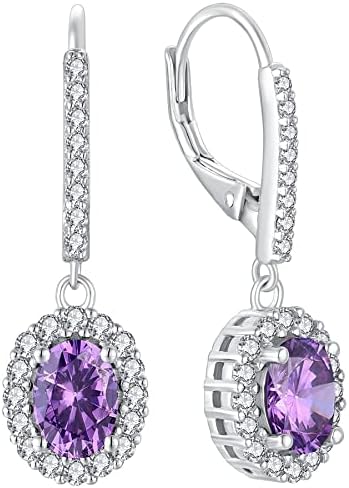 YL Drop Earrings 925 Sterling Silver 12 Birthstone Oval Cubic Zirconia Dangle Earrings for Women