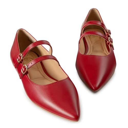 Image of Trary Flats for Women Mary Jane Shoes Women Closed Pointed Toe Ballet Flats Comfortable Slip on Dressy Adjustable Strap Cute Walking Office PU Leather Mary Janes Flat Shoes