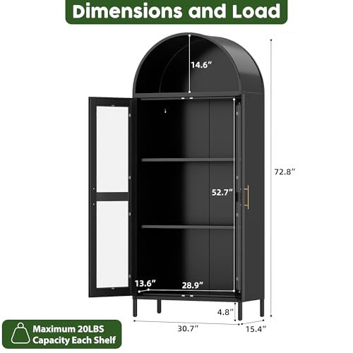 Image of 73-Inch Metal Arched Curio Cabinet with Motion Sensor LED Lights | Black metal cabinet with glass doors, 2 adjustable shelves and 3 motion-sensor LED strips; assembly required.