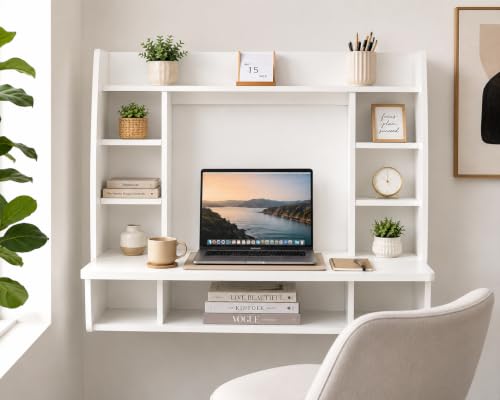 Image of Versatile Wall Mount Floating Computer Desk - Stylish and Space-Saving Writing Study Table with Shelves - Ideal for Living Room, Bedroom, and Home Office, White