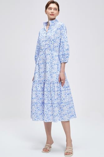 D-Sun Women Floral Maxi Dress Elegant Printed Button Down 3/4 Puff Sleeve Tiered A-Line Flowy Party Long Dress with Pocket2