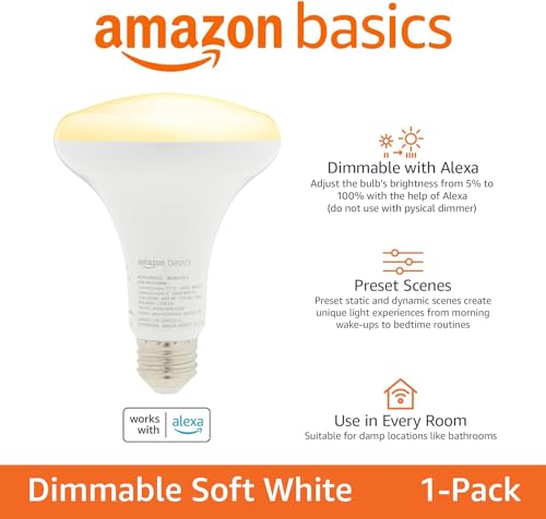 Image of Amazon Basics Smart BR30 LED Light Bulb, Dimmable Soft White (2700K), 9W (60W Equivalent), 800LM, Works with Alexa Only, 2.4 GHz Wi-Fi, No Hub Required, 1 Pack