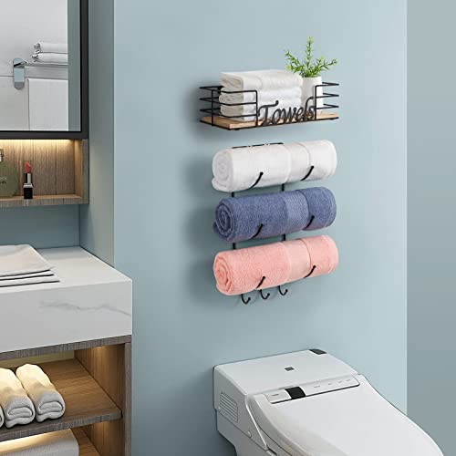 Towel Racks For Bathroom, Towel Holder Wall Mounted For Small Bathroom Wall, Roll Towel Rack With 3 Towel Hooks And Wooden Shelf, Drilling And No-Drill Installation Options Available, Black #TOP2