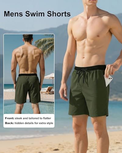 Image of Mens Swim Trunks with Compression Liner 2 in 1 Quick Dry Swimming Shorts Swimwear Bathing Suits with Pockets