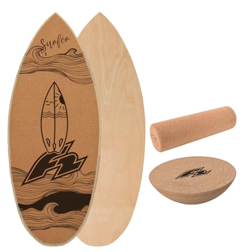 F2 Kork Balance Board Surf 84x31cm mit Korkrolle + Kork Halbkugel