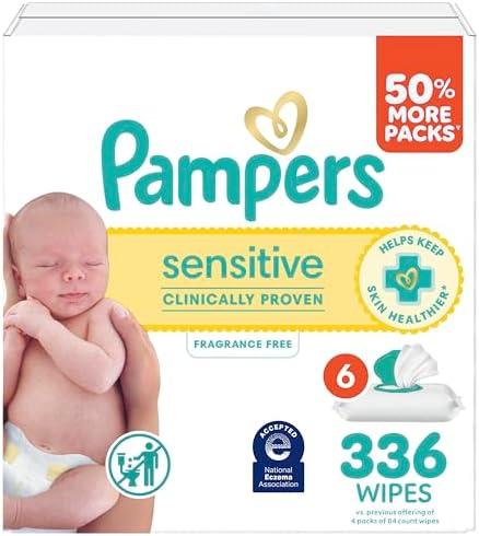 Pampers Baby Wipes Sensitive, Clinically Proven, Fragrance Free, Water Based, Hypoallergenic Baby Wipes, 4X Flip-Top Packs (Count of 336)