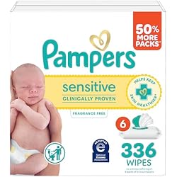 Pampers Sensitive Baby Wipes, Clinically Proven, Fragrance Free, Unscented, Water Based, Hypoallergenic, Multi-Use, Hand Wipes 336 Wipes Total (6X Flip-Top Packs) [Packaging May Vary]
