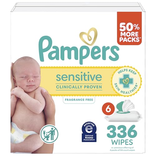 Pampers Baby Wipes, Sensitive, Water Based Wipe, Clinically Proven, Hypoallergenic, and Unscented for Babies, 336 Wipes Total (6 Flip-Top Packs) [Packaging May Vary]