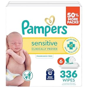 Pampers Sensitive Baby Wipes, Clinically Proven, Fragrance Free, Unscented, Water Based, Hypoallergenic, Multi-Use, Hand Wipes 336 Wipes Total (6X Flip-Top Packs) [Packaging May Vary]