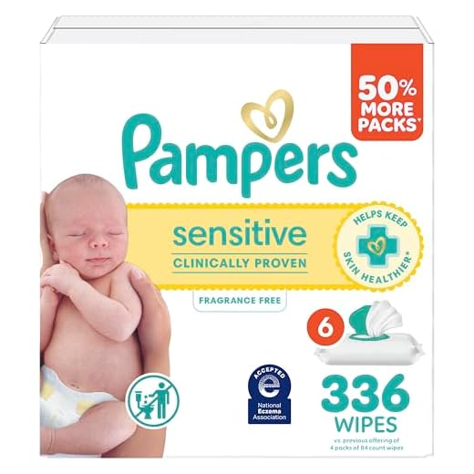 Pampers Sensitive Baby Wipes, Clinically Proven, Fragrance Free, Unscented, Water Based, Hypoallergenic, Multi-Use, Hand Wipes 336 Wipes Total (6X Flip-Top Packs) [Packaging May Vary]