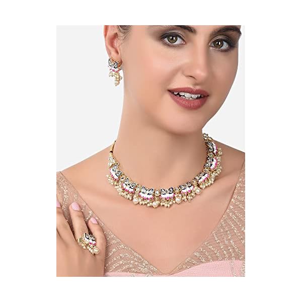 ZAVERI PEARLS Blue & Pink Meenakari Lotus Design Choker Necklace Earring & Ring Set For Women-ZPFK14435 - Image 5