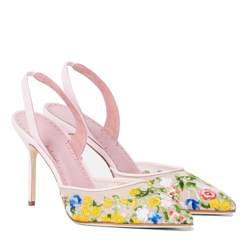 Women's Fine Mesh Slingback Pumps - Multicolor Print Closed Pointed Toe Slip-On Stiletto Heels for Bridal, Wedding, Party & Evening Events