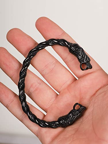 HAQUIL Bracelete de aço inoxidável banhado a preto com anel de braço viking e pulseira de lobo Geki