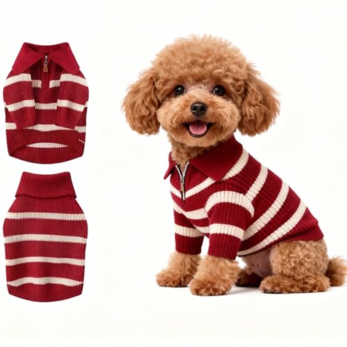 Image of Small Dog Sweater with Zipper, Knitted Striped Pullover Dog Clothes for Cold Weather, Thick Warm Cozy Stretchy Sweater for Chihuahua, Bulldog, Dachshund, Pug(Red & White Strip, M)