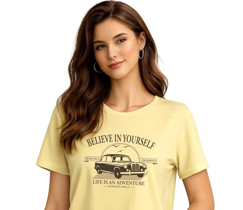 Image of London Hills Women's Loose Fit Graphic Printed T-Shirt | Soft Cotton Blend Fabric | Round Neck Half Sleeve Casual Top, Travel & College