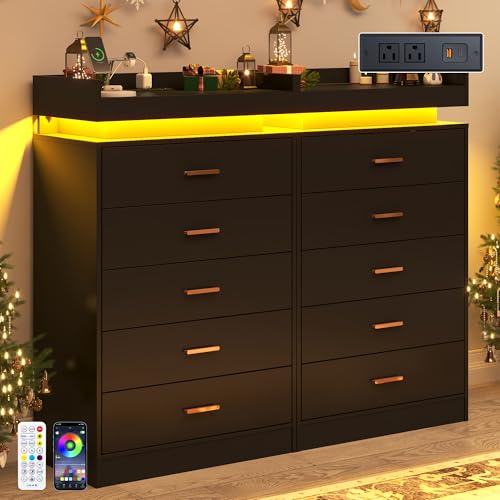 Image of jiteentarou 5 Drawer Dresser with Charging Station and LED Lights, Modern Chest of Drawers with Power Outlet, Organizer Cabinet for Bedroom, Living Room, Entryway, Black