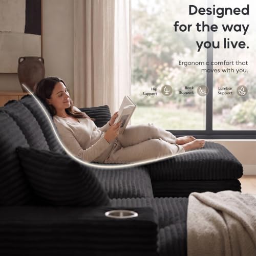 Image of 120 inch Modular Sectional Sofa, U-Shape Boneless Couch, Black