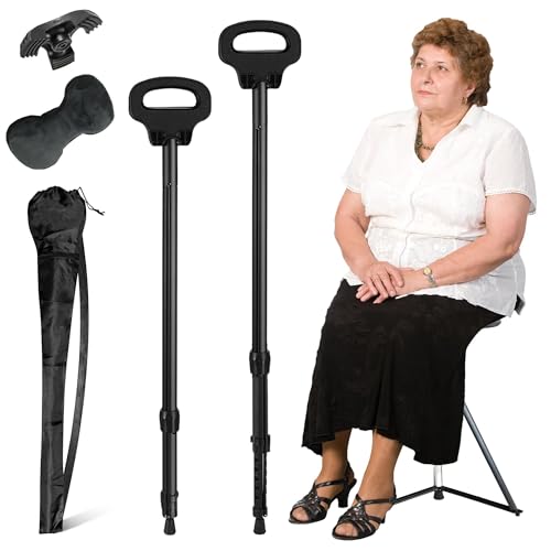 Image of Walking Cane with Seat, Cane Chair with Cushion Folding Lightweight Portable Seat for Adults Seniors Camping Hiking Travelling