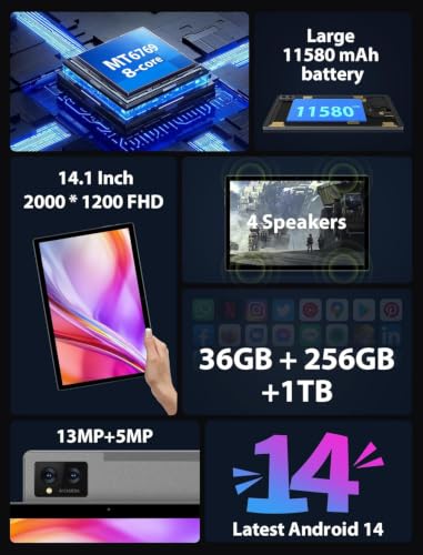 Image of 2026 New 14 inch FHD Android 14 Tablet | 36GB RAM + 256GB ROM (1TB Expand) | 8-Core 2.0GHz | 11580mAh Battery | 8+13MP Cam | 4 Speakers | Dual WiFi | Stylus & Gray Finish - All-in-One Power
