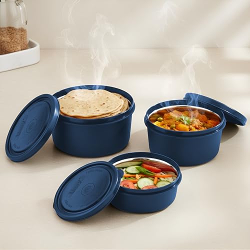 Image of Unify 3 Pieces Stainless Steel Lunch Box | Microwave Safe Leak-Proof Food Storage Containers with Lids for Office, School, Kitchen (Blue, Capacity - 600ml, 400ml, 250ml)