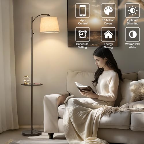 Image of AIDENOEY Smart Floor Lamp with Side Table | Stepless Dimming, RGB Multi-Color | Adjustable Swivel Head | Voice Control with Alexa & Google Assistant |Brown Lamp for Living Room,Bedroom,Home Office