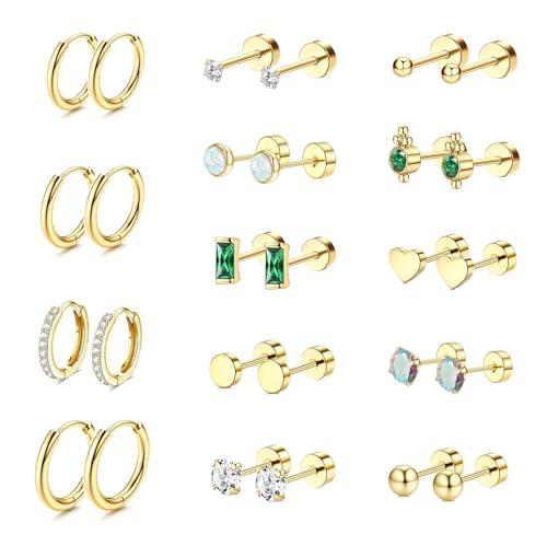 14 Pairs Gold Plated Surgical Steel Earrings Set,Suitable for Hoop Earrings Flat Back Stud Hypoallergenic Cartilage Earring for Women Men Girls Helix Piercing Stud Jewelry - Main Image