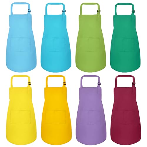 IAGBIBUI Kids Apron, 8 Pack Kids Aprons for Girls Boys, Children Art Painting Aprons Kitchen Classroom Cooking Baking for Age 6-13 Years