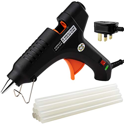Hot Melt Glue Gun with 11mm x 200mm Adhesive Sticks - No-Drip Metal Nozzle, Easy to Press Trigger - 60/100w Strong Electric UK Plug with Safety Stand - Supplies for Art & Crafting, DIY