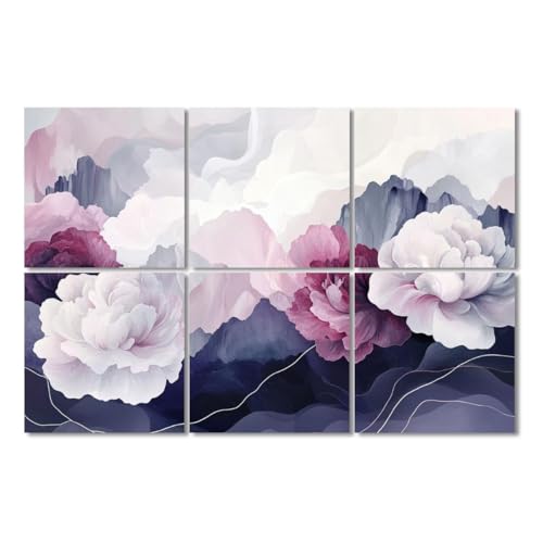 Paneles acústicos artísticos 6 piezas rosa polvo con peonías, montañas y ondas suaves, paneles de pared decorativos autoadhesivos para estudio y oficina 72"x48" miniatura 1