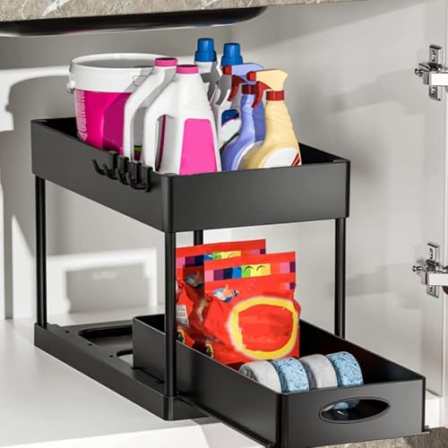 Image of Aojia Under Sink Organizer with 2 Sliding Drawers, Bathroom Organizer Under Cabinet, Pull-out Under Sink Storage，Under Cabinet Storage for Kitchen and Bathroom