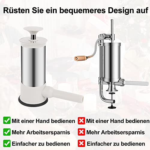 Foto von Wurstfüller, Wurstfüllwerkzeug Manuelle Würste Wurstmaschine Küche Edelstahl Wurstfüllmaschine mit 4 Größe Professionelle Wurstfüllrohre für Hausgemachte Würstchen 2.2LBS