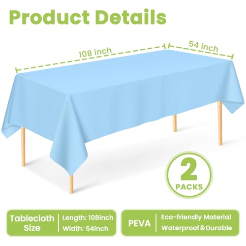 Image of Mulbozy 2 Pcs Baby Blue Plastic Tablecloth Disposable, 54 x108 Inch