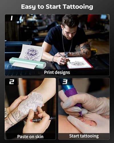 Itari M08F Tattoo Drucker, Thermodrucker Tattoo für A4 Papier mit 10pcs Tattoo Papier, Tattoo Printer Tattoo Stencil Drucker Bluetooth mit IPad & Phone & PC, Grün