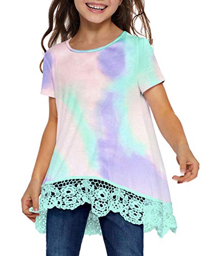 Storeofbaby Short Sleeve T Shirt Girl Tie Dye Tops Lace Hem Colorful Blouse #TOP1