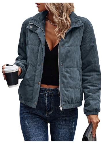 SOLY HUX Women's Corduroy Quilted Puffer Jacket Zip Up Long