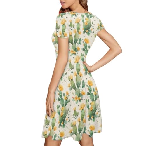 Allinterest Summer Casual Dresses for Women Short Sleeve Round Neck T-Shirt Dress Cactus with Flowers Print High Waisted Dress — view 6