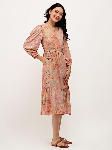 Image of AASK Abstract Printed Puff Sleeve Gathered Detailed Fit Flare Dress