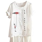 ORANDESIGNE T-Shirt Femme Motif Imprimé Poisson Tee Shirt Manche Courte Grande Taille Ample Décontracté Bouton Tunique Top Blouse Chic Pas Cher Casual Sport Haut Femme Lâche Elegant Tops J Blanc L