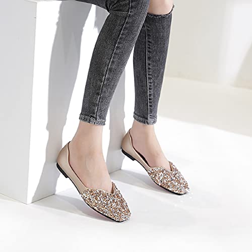 Qxcgdyxt Flats Shoes Women Rhinestone Square Fashion Ballet Flats Wedding Flats For Women Comfortable Slip On Low Heel Dress Shoes Gold Size-8 #TOP6