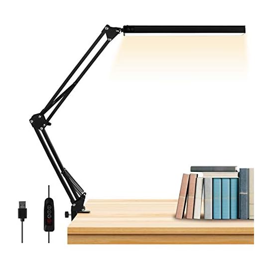 LED Desk Lamp, AXUF Metal Swing Arm Desk Lamp with Clamp, Eye-Caring Architect Desk Light, Dimmable Table Lamp with 3 Color Modes 10 Brightness Levels & Adapter, Memory Function, Black