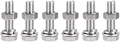 sourcing map M10 x 60mm Hex Head Screws Bolts, Nuts, Flat & Lock Washers Kits, 304 Stainless Steel Fully Thread Hexagon Bolts 6 Sets