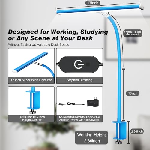 Image of Airlonv LED Desk Lamp for Office Home, Eye-Caring Desk Light with Stepless Dimming Adjustable Flexible Gooseneck, 10W USB Adapter Desk Lamp with Clamp for Reading, Study, Workbench (Blue)