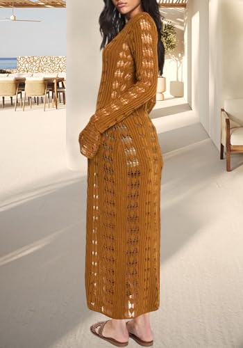 Image of Unybwonn Long Cardigans for Women Crochet Hollow Out Knit Sweater Cover up Maxi Dress Long Sleeve Button Down Cardigan