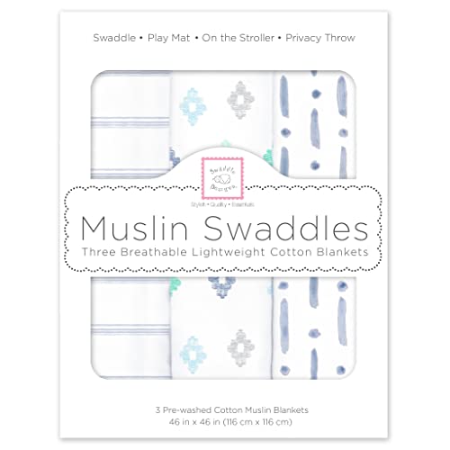 Image of SwaddleDesigns Cotton Muslin Swaddle Blankets for Baby Boy & Baby Girl, Neutral Receiving Blankets for Newborn, Baby Registry & Gift, 46 x 46 inches, Indigo Denim Watercolor, Set of 3