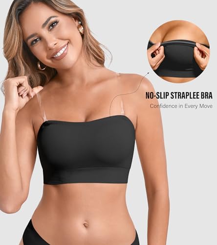 Image of DEANGELMON Strapless Bras for Women Wireless Push Up Non-Slip Bandeau Bra Seamless Clear Straps TubeTop Padded Bralette