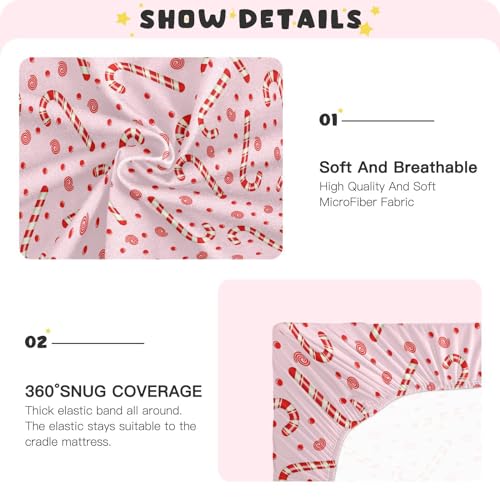 Image of Candy Cane Christmas Pink Crib Sheets Soft Breathable Fitted Baby Playard Sheets Mattress Cover for Girl Boys, 39 inch x 27 inch x 5 inch