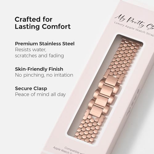 Image of My Pretty Strap - Compatible Apple Watch Band Strap, Stainless Steel Fashion iWatch Replacement Strap- Easy Resizing, No Tool Needed, Fits Most Wrists- Series 1-11, SE and Ultra