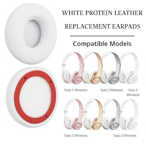 Almohadillas de repuesto de cuero de proteína premium para Beats Solo 2 y 3 - Almohadillas de espuma viscoelástica suaves con herramienta de metal, paño de limpieza y video de instalación (Blanco) miniatura 3