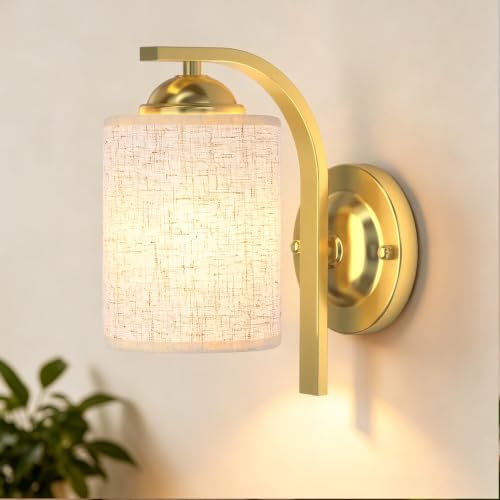 Image of Wall Sconces Lights Lamp for Bedroom Bathroom, Modern Vanity Light Fixtures, Gold Farmhouse Wall Mount Lighting Lanterns with Fabric Shade for Living Room Mirror Hallway Kitchen